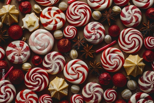 Top view of candy canes and sparkling christmas balls on a warm backdrop