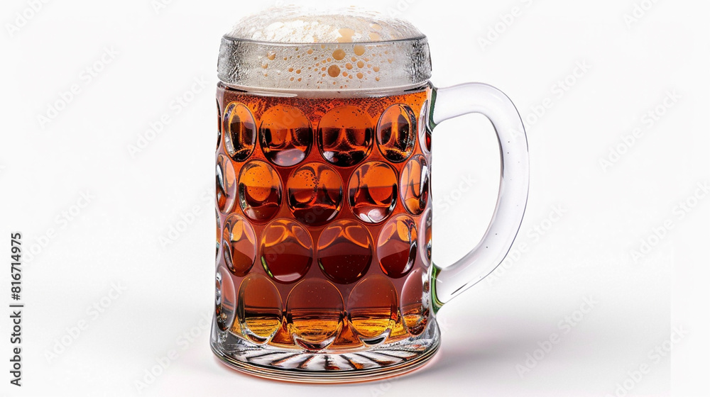 isolated golden yellow color transparent glass alcohol mug with handle, full of beer and foam on a white empty mockup background isolated golden yellow color transparent glass alcohol mug with handle, full of beer and foam on a white empty mockup background