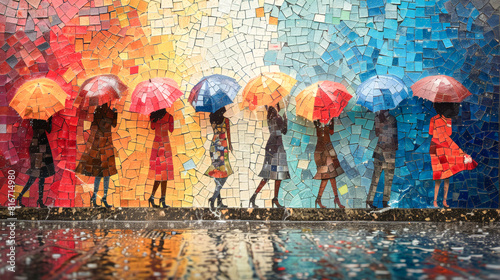 Joy of life in the rain: happy people with colorful umbrellas © senadesign