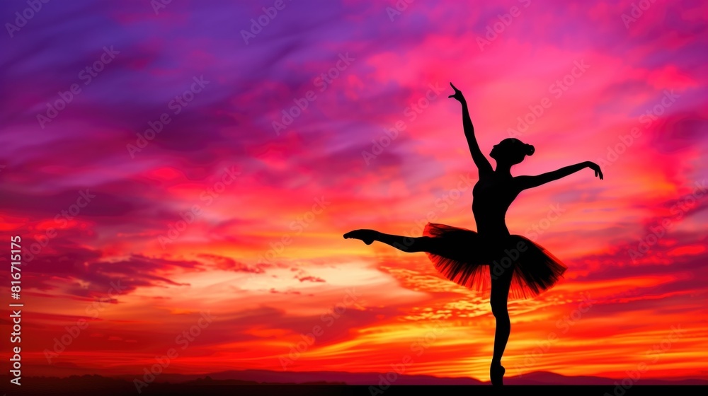 Silhouette of a ballerina dancing at sunset under a bright sky