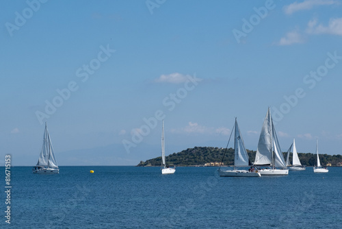 A fleet of sailboats peacefully gliding across the vast expanse of water, under the clear blue sky dotted with fluffy clouds, showcasing the beauty of outdoor recreation on the lake