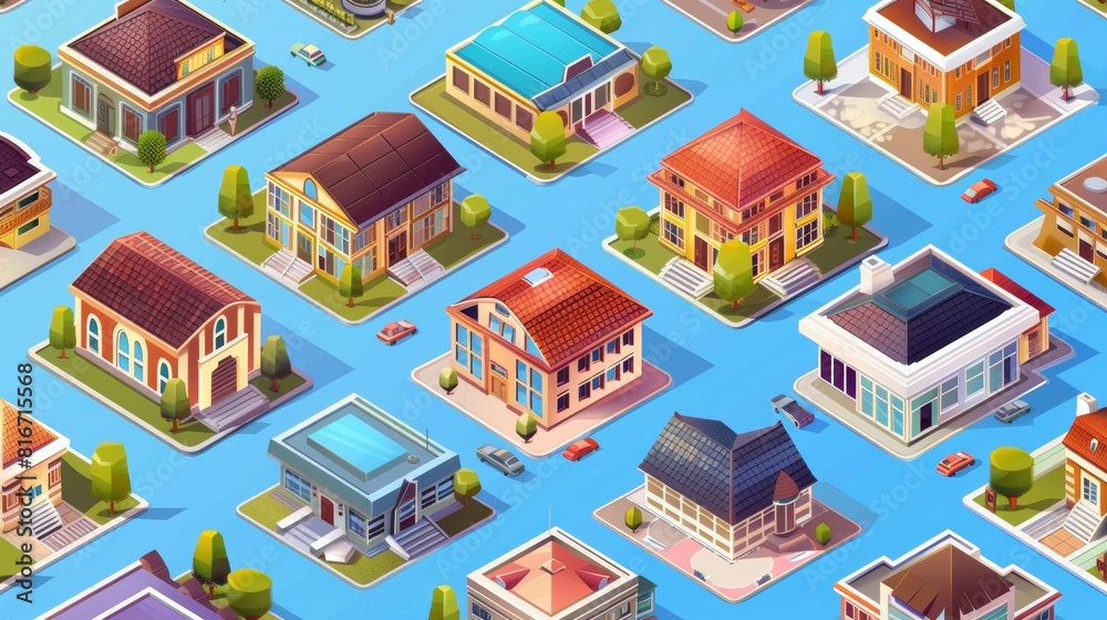 Building banner with isometric fabric, store and house. Modern poster of city architecture with exteriors of houses, businesses and warehouses. Building banner with isometric fabric, store and house. Modern poster of city architecture with exteriors of houses, businesses and warehouses.