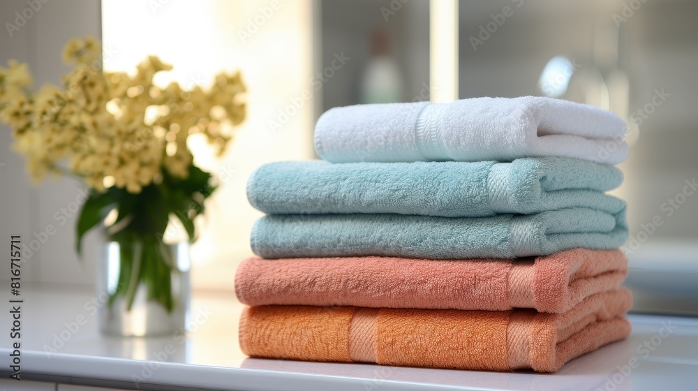 Stack of colorful clean towels on a table close-up in the bathroom Stack of colorful clean towels on a table close-up in the bathroom