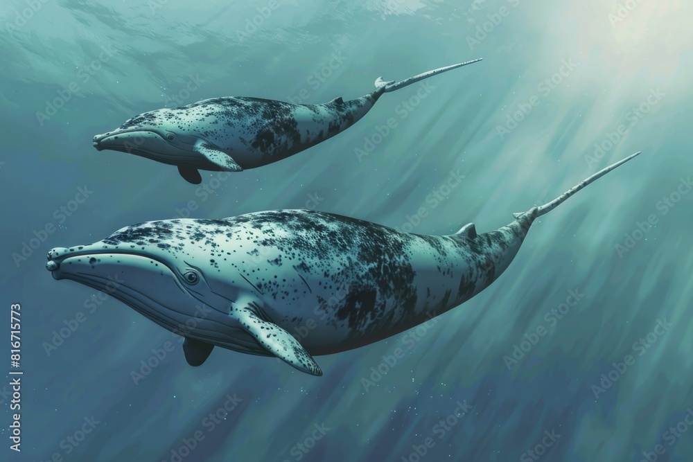 Obraz premium A couple of whales swimming in the ocean. Perfect for marine life concepts