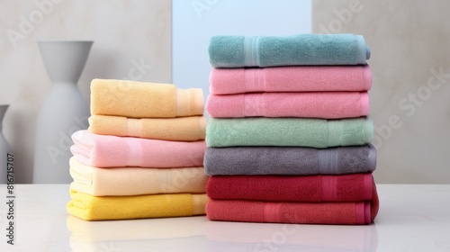 Stack of colorful clean towels on a table close-up in the bathroom