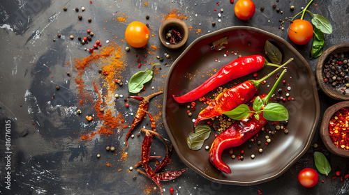 Plate with roasted pepper and spices on table photo