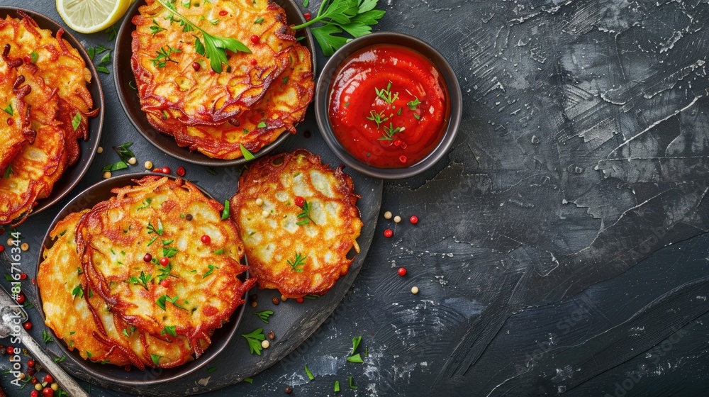 European style potato fritters or pancakes with sauce suitable for kosher and vegan diets displayed in a top view banner European style potato fritters or pancakes with sauce suitable for kosher and vegan diets displayed in a top view banner