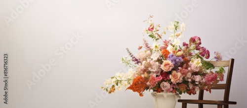 A stunning bouquet of flowers placed on a white stool creating a visually pleasing copy space image
