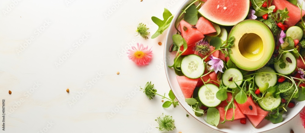 Top view copy space image of a keto paleo lunch consisting of a salted salmon salad with greens cucumbers celery and watermelon radish Top view copy space image of a keto paleo lunch consisting of a salted salmon salad with greens cucumbers celery and watermelon radish