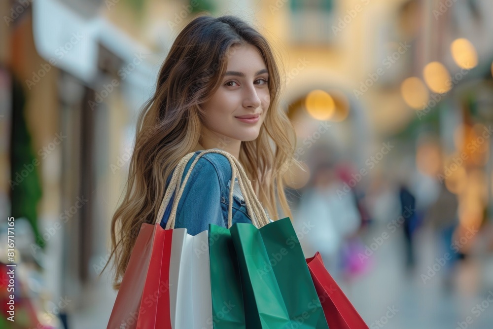 Woman walking with shopping bags, ideal for retail concept Woman walking with shopping bags, ideal for retail concept