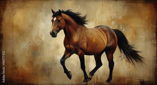 An abstract artistic background with vintage illustrations of a horse, golden brush strokes, Oil painting style  © Prateek