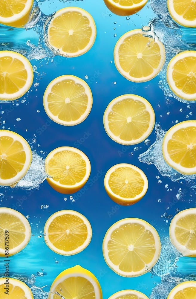 Close up of a lemon slice floating in water. on a blue background. Summer and cool freshness concept. A cold drink in hot weather. Close up of a lemon slice floating in water. on a blue background. Summer and cool freshness concept. A cold drink in hot weather.