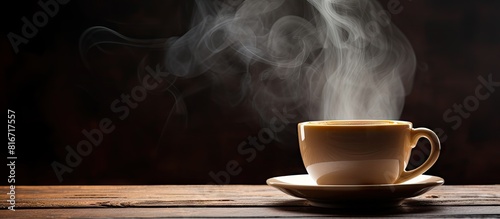 A copy space image of a steaming hot cup of aromatic coffee sitting on a table