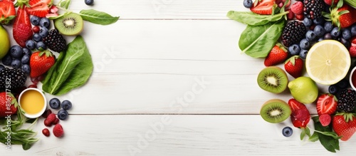 Top view of a fresh salad with a variety of fruits and greens placed on a white wooden surface The image leaves ample space for text