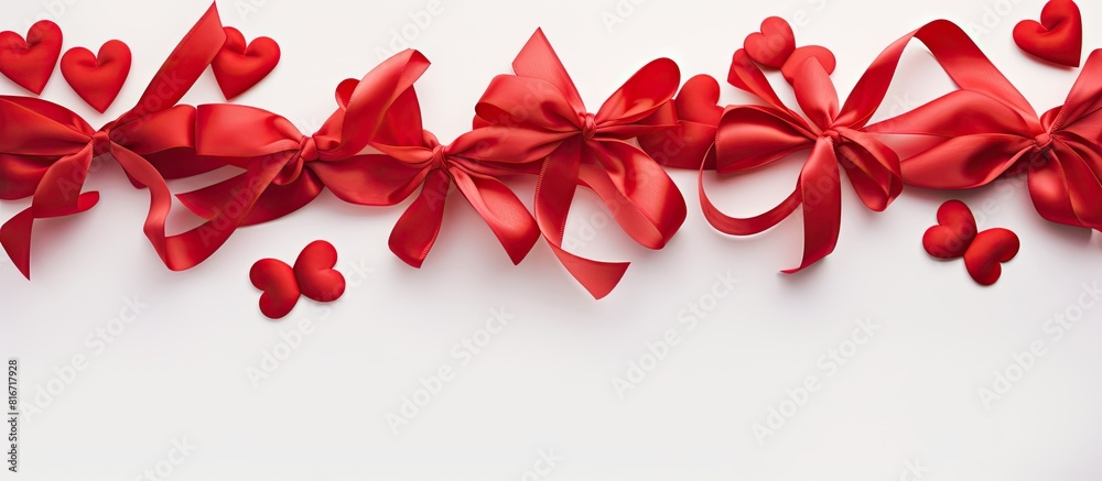 A romantic Valentine s Day composition of red silk ribbon hearts with a neatly tied bow captured as a copy space image on a white background A romantic Valentine s Day composition of red silk ribbon hearts with a neatly tied bow captured as a copy space image on a white background