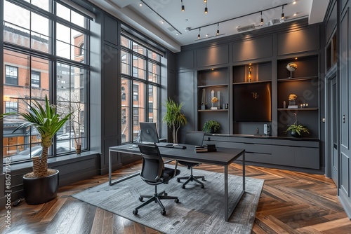 A modern office with herringbone wood floor  a black desk and chairs  grey walls with vertical stripes in white.