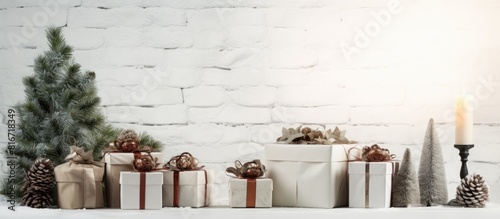 A white background showcases Christmas presents adorned with rustic evergreen twigs inviting copy space for personalization