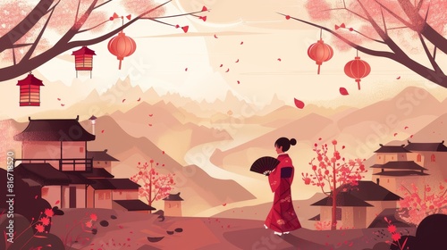 Traditionally dressed Asian woman in traditional kimono stands on hilltop overlooking traditional houses and lanterns hanging on blossoming sakura trees. Cartoon illustration from ancient Japan.