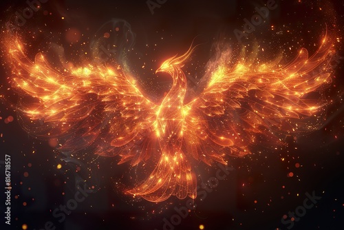 A phoenix made of geometric lines and flames, specular reflective material, very much detailed, solid black background