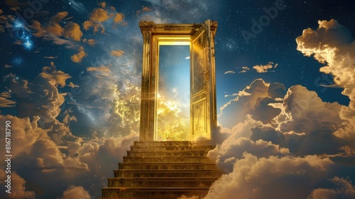 gold open door in heaven religion with cloudy 