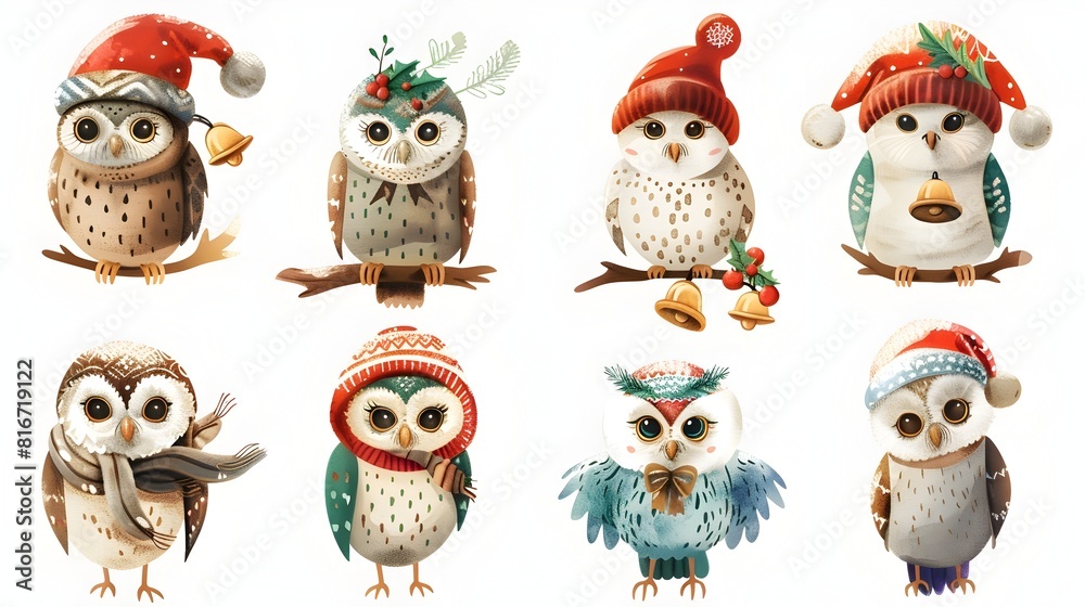 Fototapeta premium Adorable Festive Owls in Winter Hats and Scarves Celebrating the Holiday Season