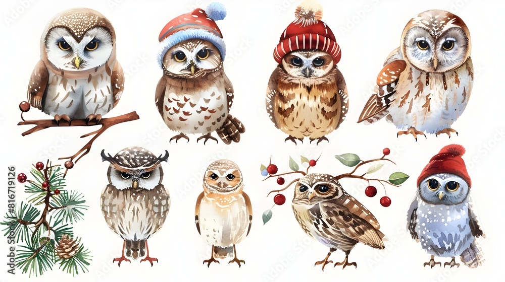 Fototapeta premium Adorable Festive Owls in Winter Attire on Snowy Pine Branches