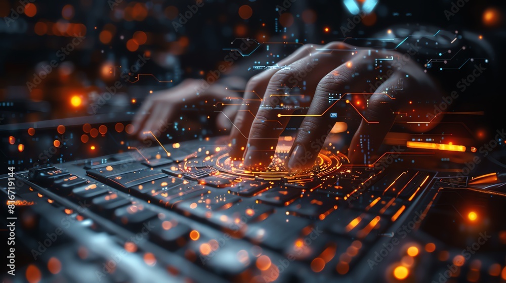 Close-up of a cyber security analyst's hands typing rapidly as AI software assists in identifying and visualizing network anomalies Close-up of a cyber security analyst's hands typing rapidly as AI software assists in identifying and visualizing network anomalies