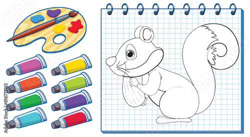 Vector illustration of squirrel with coloring tools