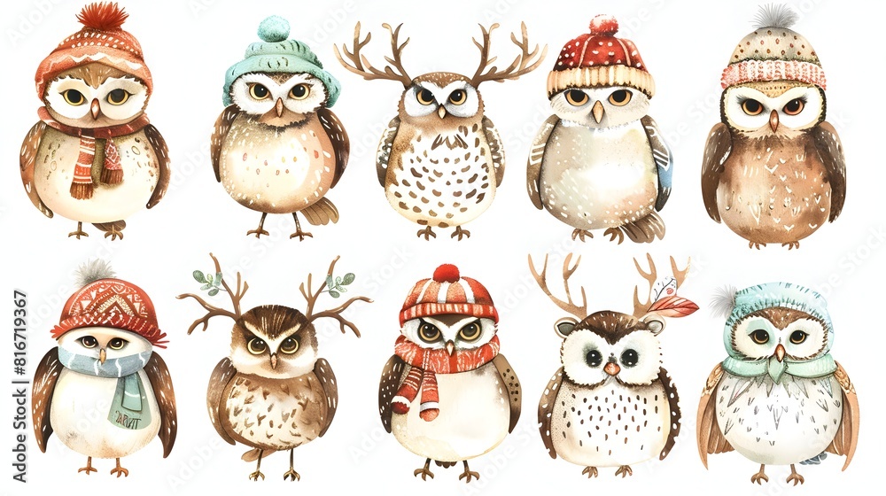 Fototapeta premium Adorable Winter Owls in Warm Seasonal Outfits Whimsical Illustrated Characters in Cozy Woodland Scene
