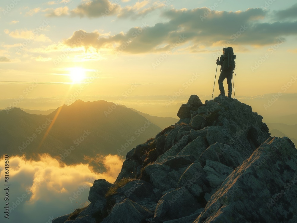 A lone hiker stands on a rocky mountain peak at sunrise, overlooking a breathtaking landscape of clouds and distant mountains, symbolizing adventure, exploration, and the beauty of nature
