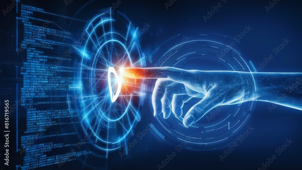 Fototapeta premium Hand touching digital network connection on blue background - technology - communication - innovation