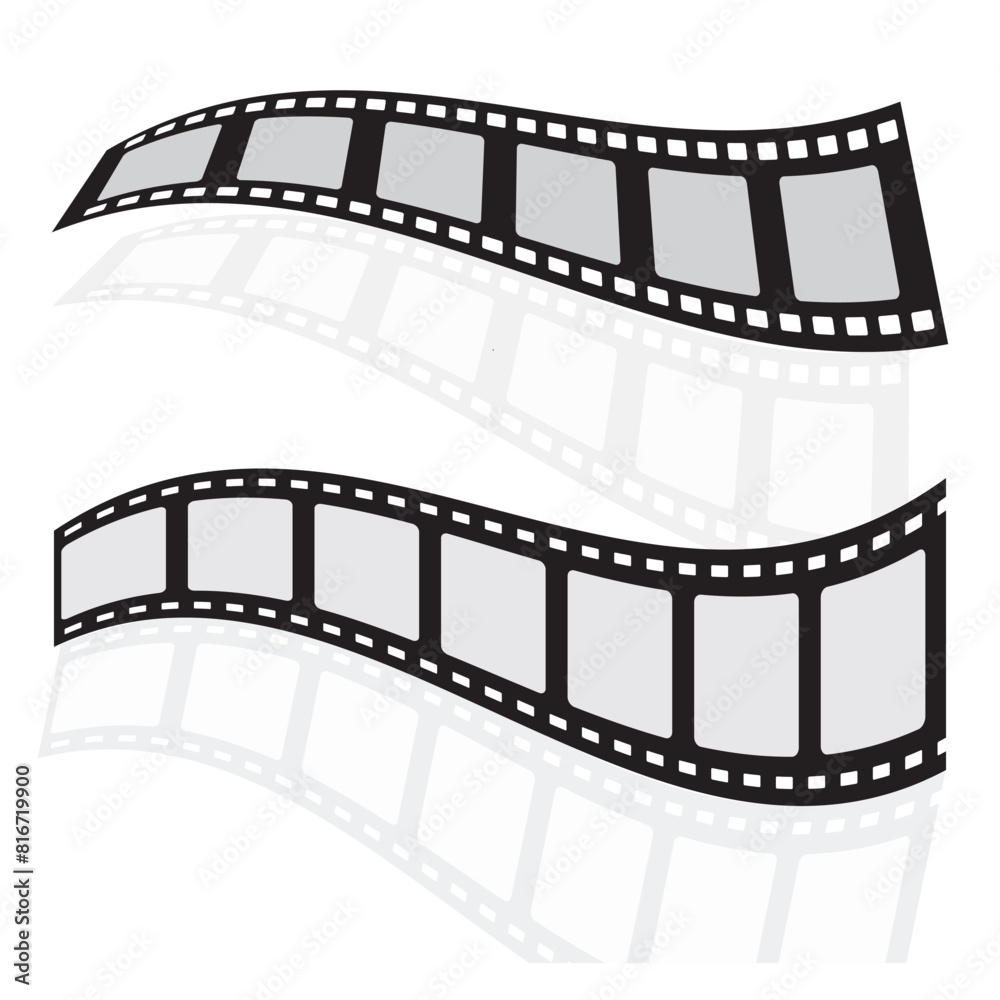 Film strip, film reel icon on background. Film with frames movie icon in simple style isolated on white background. Video symbol. Set of cinema film strips collection. Movie, video strip reels vector