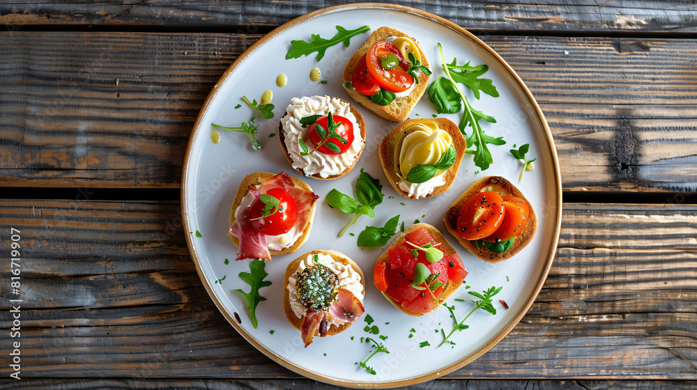 Plate with tasty canapes on wooden table