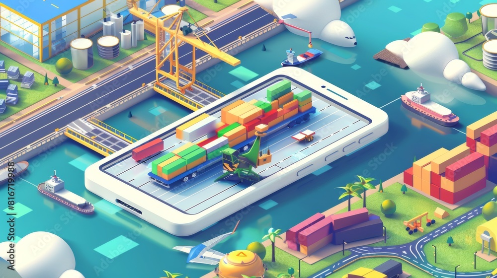 Presentation slides for supply chain management on a smartphone. Modern template of banners of freight transportation logistics with isometric illustrations Presentation slides for supply chain management on a smartphone. Modern template of banners of freight transportation logistics with isometric illustrations