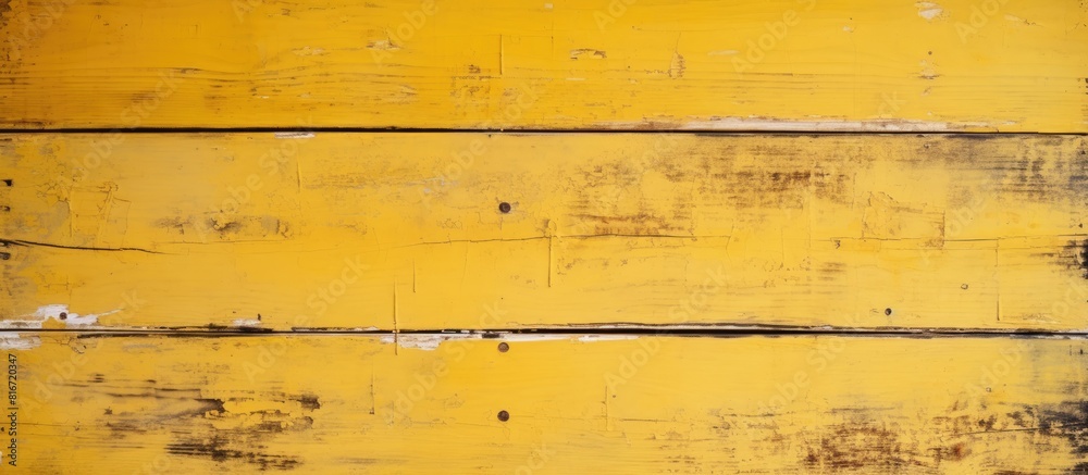 The weathered wooden background features peeling paint in a yellow hue providing a textured and vintage appearance It offers ample copy space for text placement The weathered wooden background features peeling paint in a yellow hue providing a textured and vintage appearance It offers ample copy space for text placement