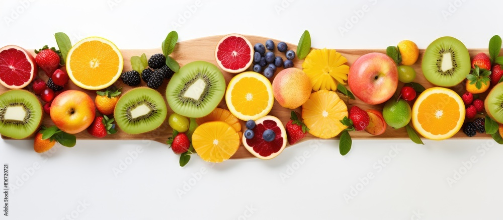 A top view of a variety of freshly chopped fruits artfully arranged on a wooden cutting board placed on a white background leaving ample space for text or other images The vibrant fruits can be used A top view of a variety of freshly chopped fruits artfully arranged on a wooden cutting board placed on a white background leaving ample space for text or other images The vibrant fruits can be used
