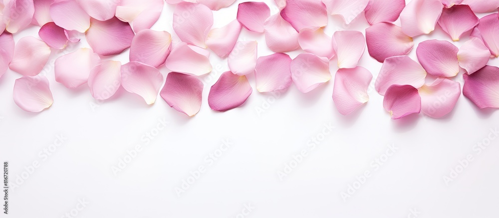 A top down view of pink rose petals placed on a white surface with enough empty space for adding text or images. with copy space image. Place for adding text or design A top down view of pink rose petals placed on a white surface with enough empty space for adding text or images. with copy space image. Place for adding text or design