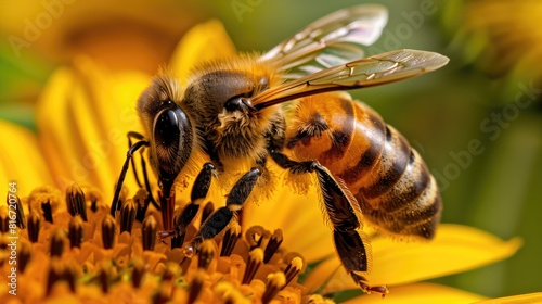 Close-Up of Honeybee Pollinating a Yellow Flower 