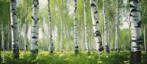 Copy space image of a serene forest with birch trees providing a scenic nature background