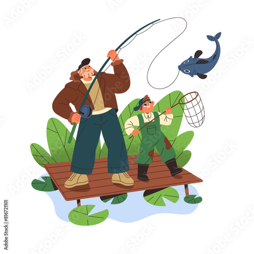 Dad with kid fishing on wooden dock on lake. Boy with daddy angling on pond, river in summer. Father and son catch fish, spend time together. Flat isolated vector illustration on white background © Paper Trident