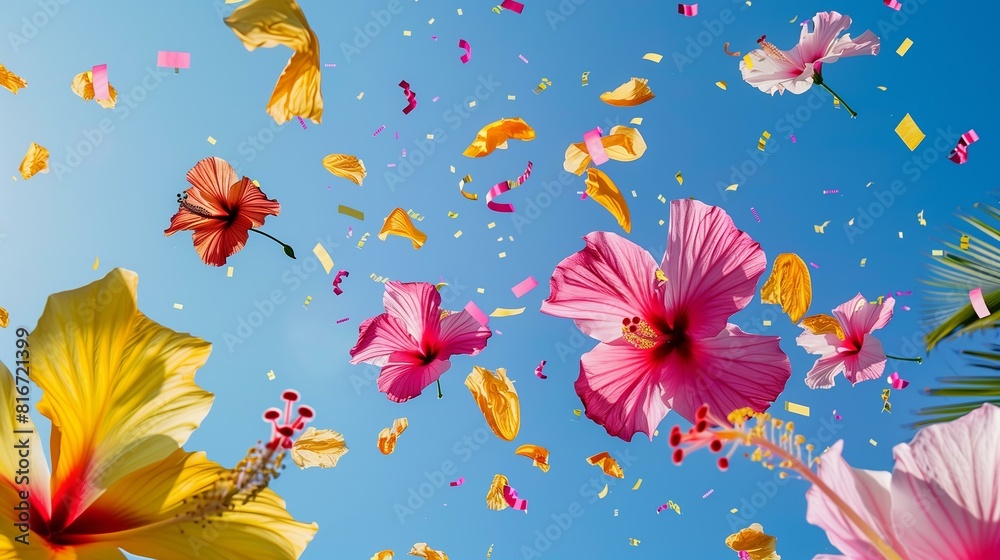 colorful hibiscus flowers flying with confetti against blue sky background for AAPI month colorful hibiscus flowers flying with confetti against blue sky background for AAPI month
