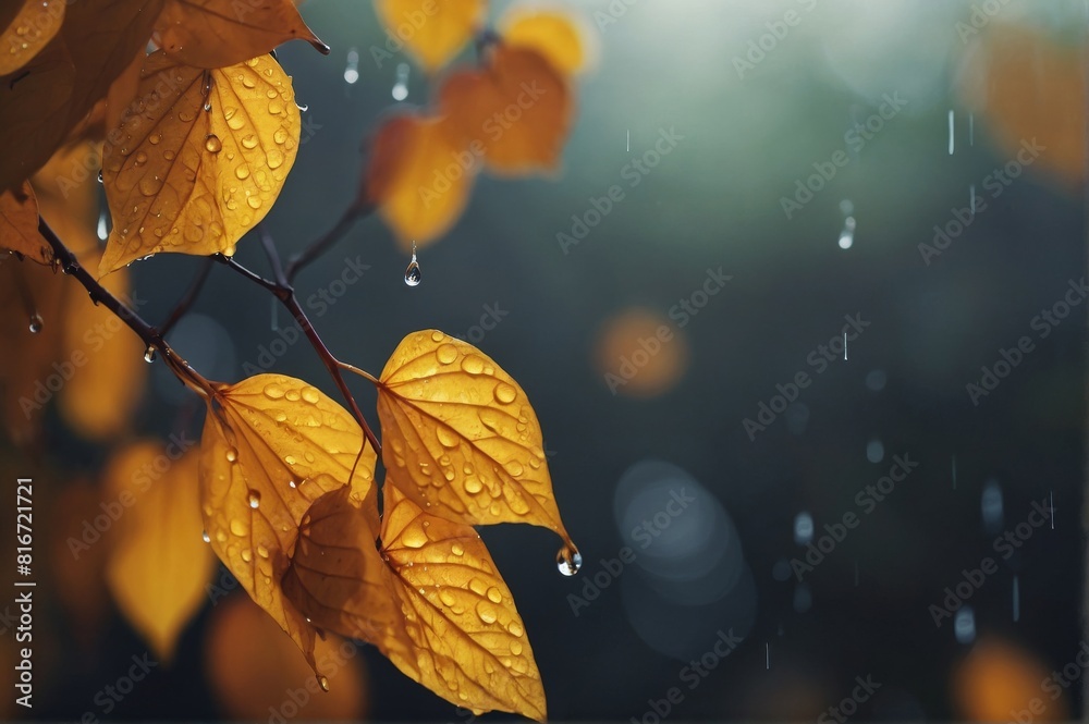 Obraz premium Rainy golden autumn. Beautiful yellow leaves under raindrops.