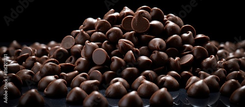 Obraz  z motywem A studio photo of dark chocolate candy choco drops with a black background perfect as a cover or wallpaper idea with copy space for your text Milk chocolate raisin pills are also included in the conce