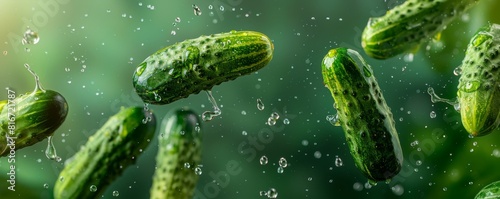Cucumbers in motion with water splashes isolated on green background. Fresh vegetables and healthy eating concept. Design for poster, banner, advertisement. Banner with copy space