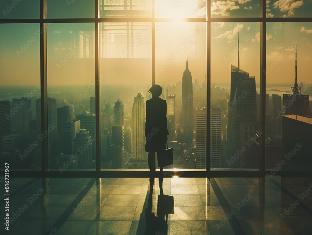 A silhouette of a businesswoman standing in a modern office with large windows, gazing at the cityscape during sunset, symbolizing ambition, success, and future opportunities