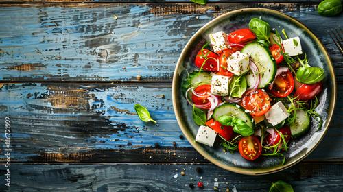 Plate with tasty Greek salad on color wooden background photo