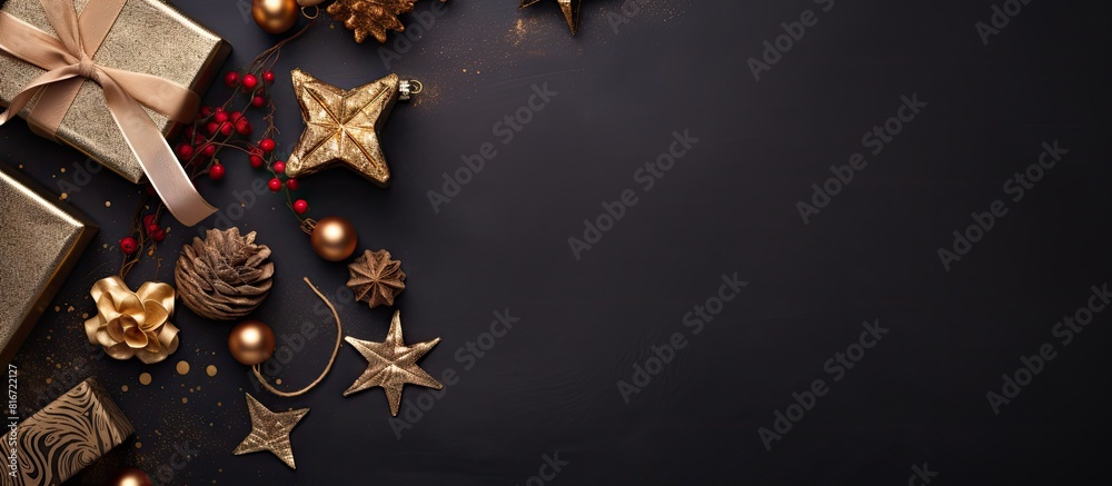 Top view of a Christmas decor background with gift boxes creating a festive New Year composition Ample copy space is available in the image Top view of a Christmas decor background with gift boxes creating a festive New Year composition Ample copy space is available in the image