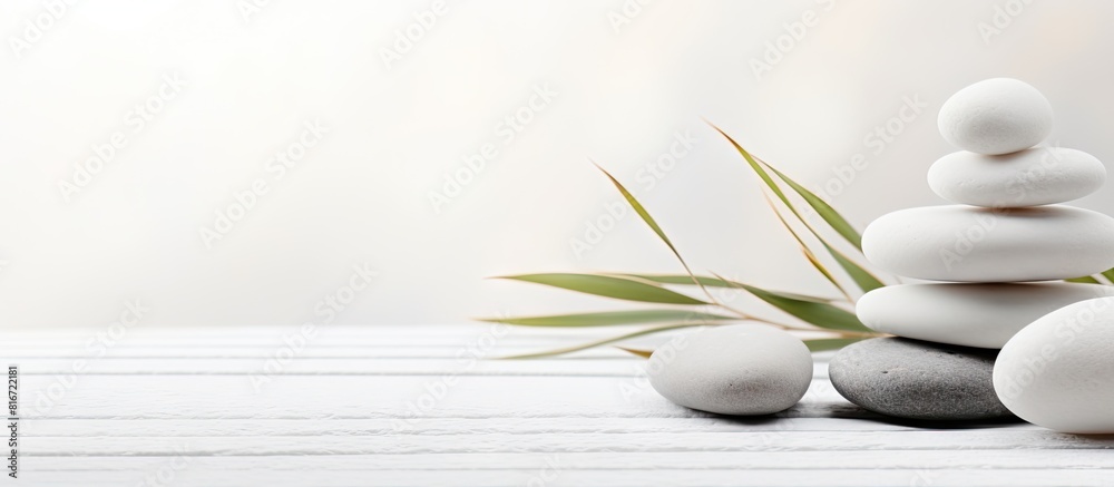 A serene spa themed composition featuring a copy space image of white stones against a light background