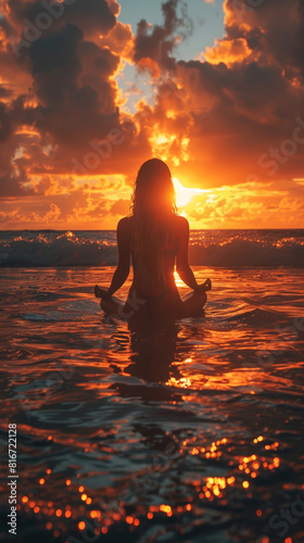 Woman meditating in ocean water during sunset, ideal for wellness and inspirational lifestyle concepts. World Ocean Day.