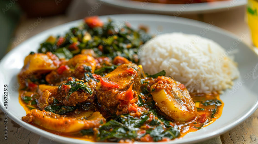 Vibrant plate of african spinach stew with juicy plantains and white rice, representing a hearty traditional african meal